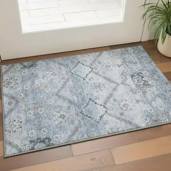 Blue And Gray Floral Washable Area Rug With UV Protection Photo 2