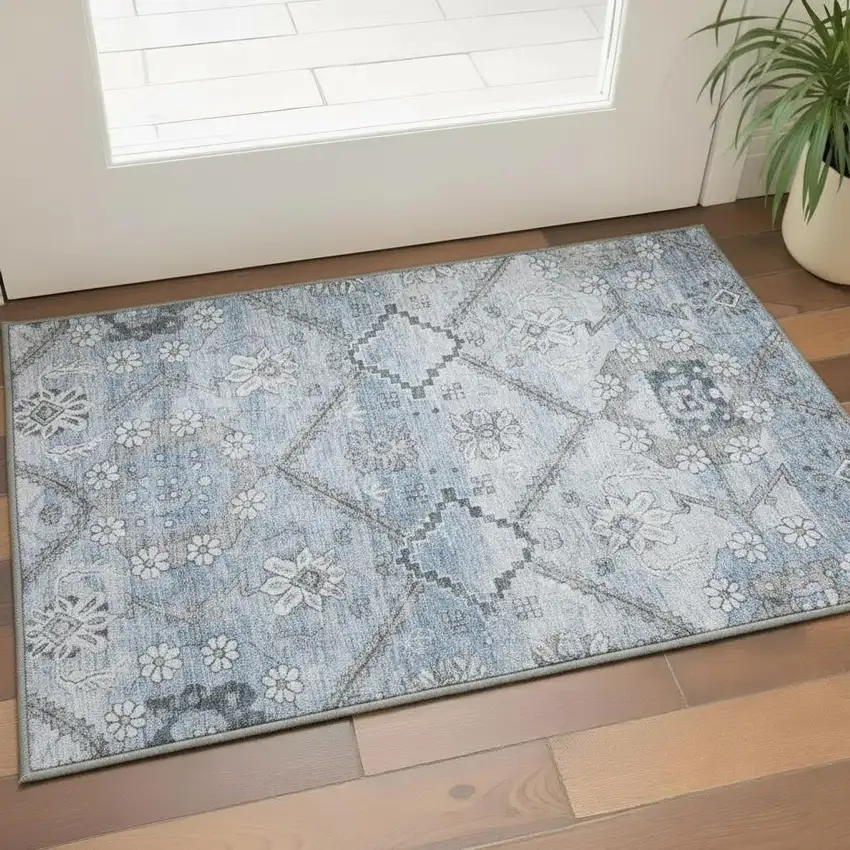 Blue And Gray Floral Washable Area Rug With UV Protection Photo 2