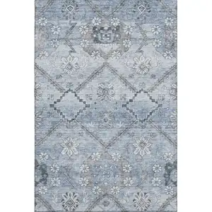 Photo of Blue And Gray Floral Washable Area Rug With UV Protection