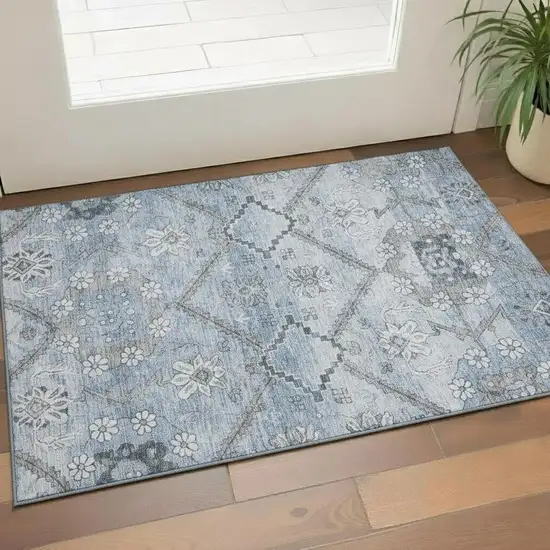 Blue And Gray Floral Washable Area Rug With UV Protection Photo 1