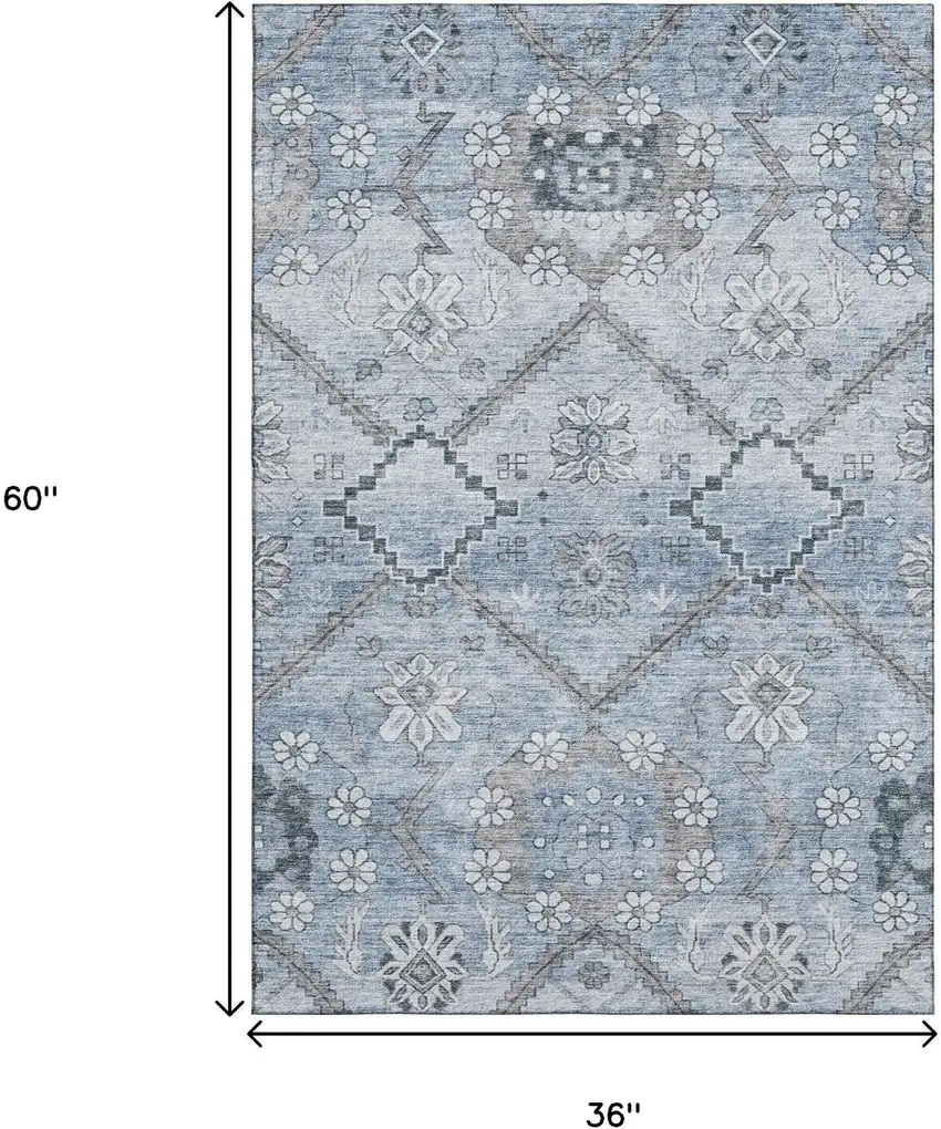 Blue And Gray Floral Washable Area Rug With UV Protection Photo 3