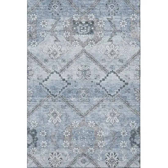 Blue And Gray Floral Washable Area Rug With UV Protection Photo 3