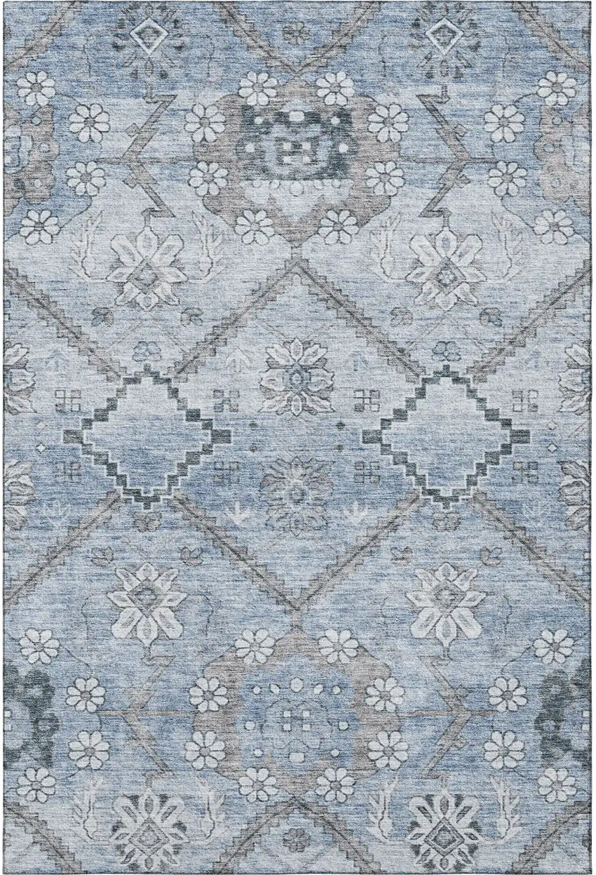 Blue And Gray Floral Washable Area Rug With UV Protection Photo 3