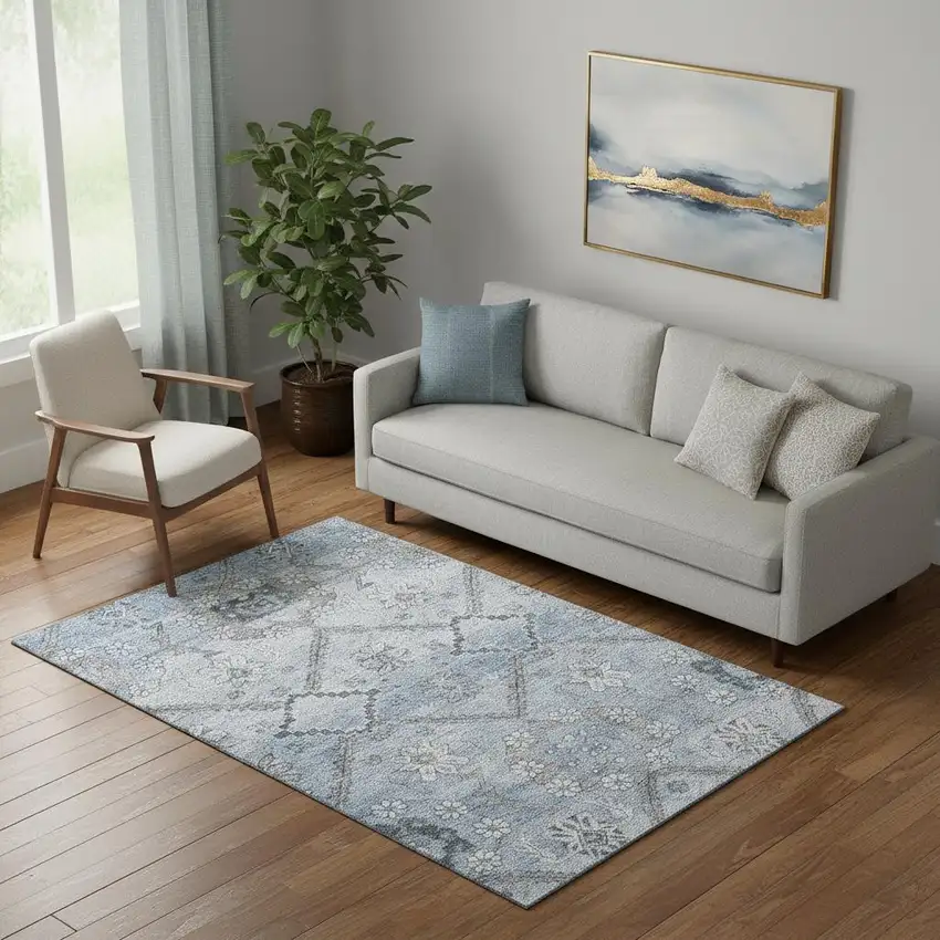 Blue And Gray Floral Washable Area Rug With UV Protection Photo 1