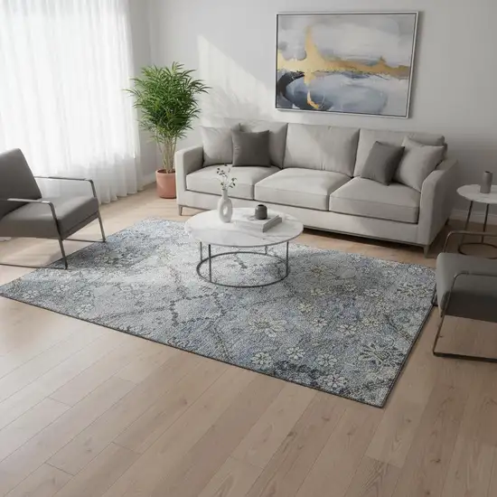 Blue And Gray Floral Washable Area Rug With UV Protection Photo 2