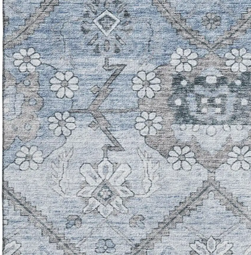 Blue And Gray Floral Washable Area Rug With UV Protection Photo 4