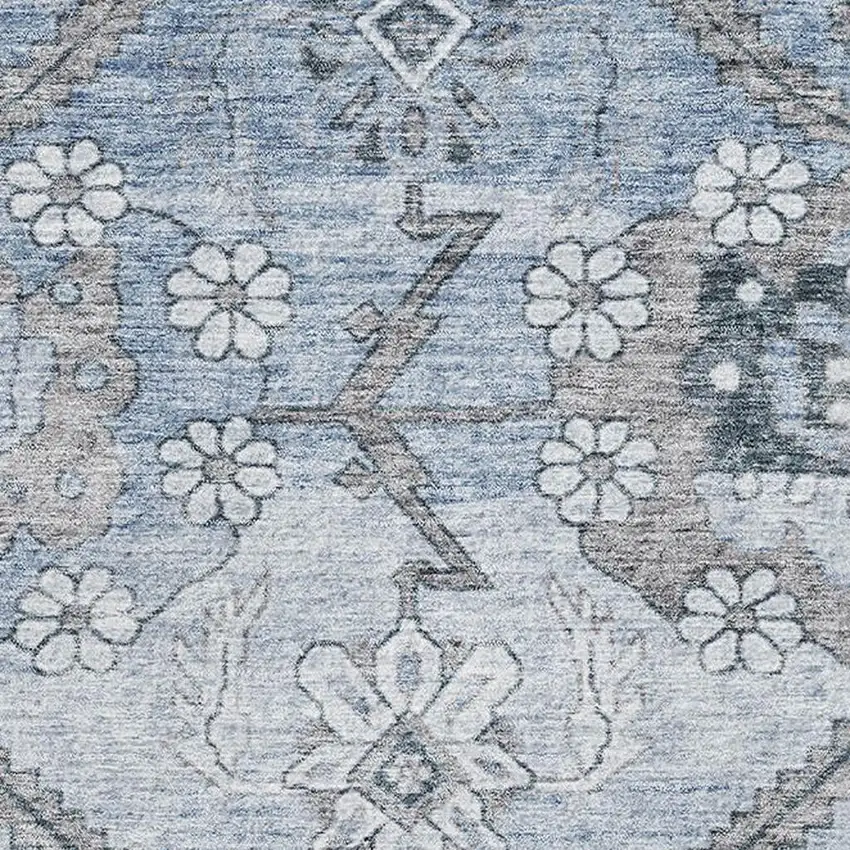 Blue And Gray Floral Washable Area Rug With UV Protection Photo 3
