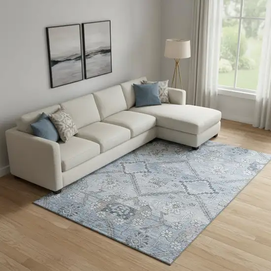 Blue And Gray Floral Washable Area Rug With UV Protection Photo 1