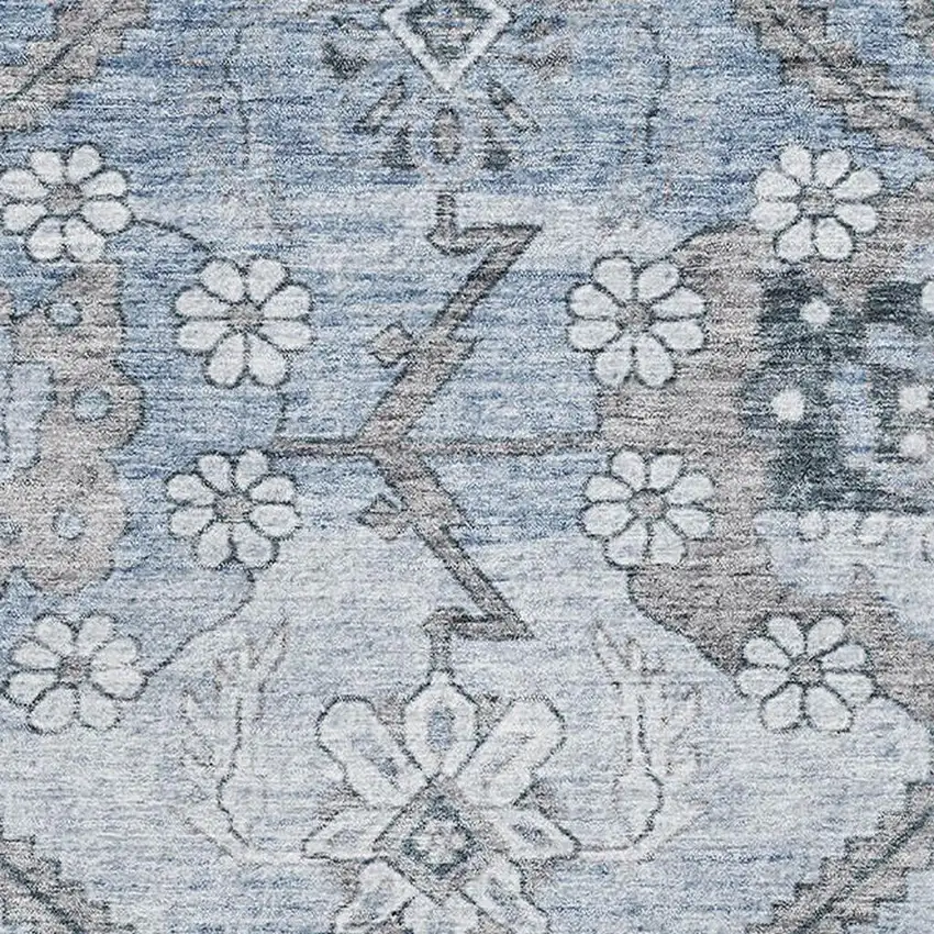 Blue And Gray Floral Washable Area Rug With UV Protection Photo 3