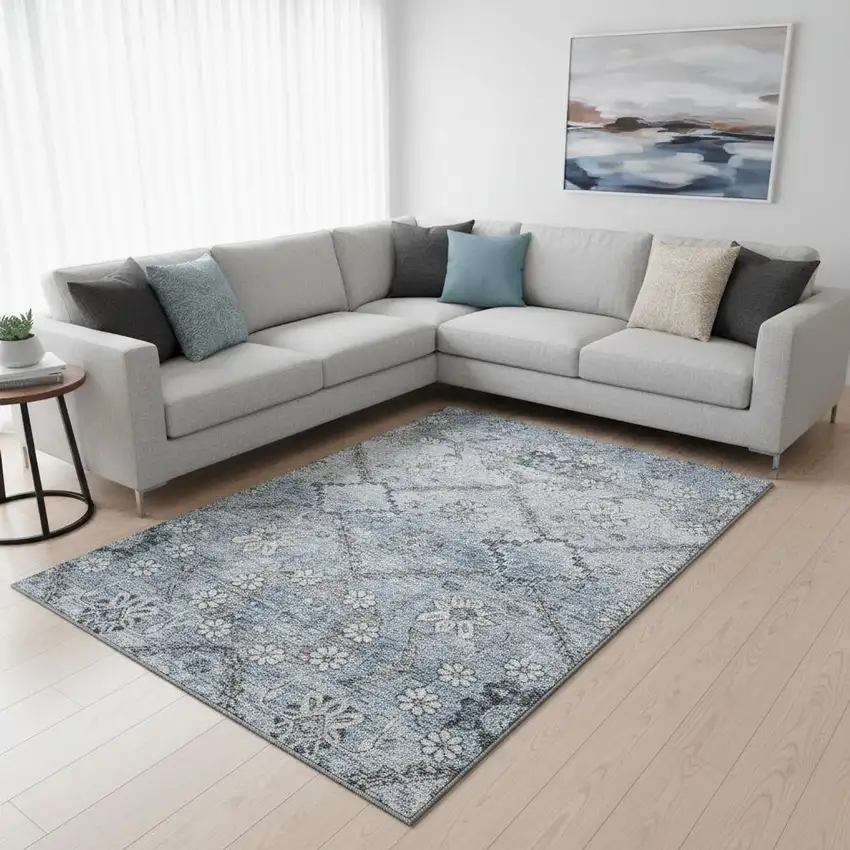 Blue And Gray Floral Washable Area Rug With UV Protection Photo 2