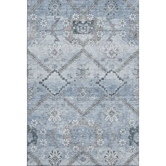 Blue And Gray Floral Washable Area Rug With UV Protection Photo 1