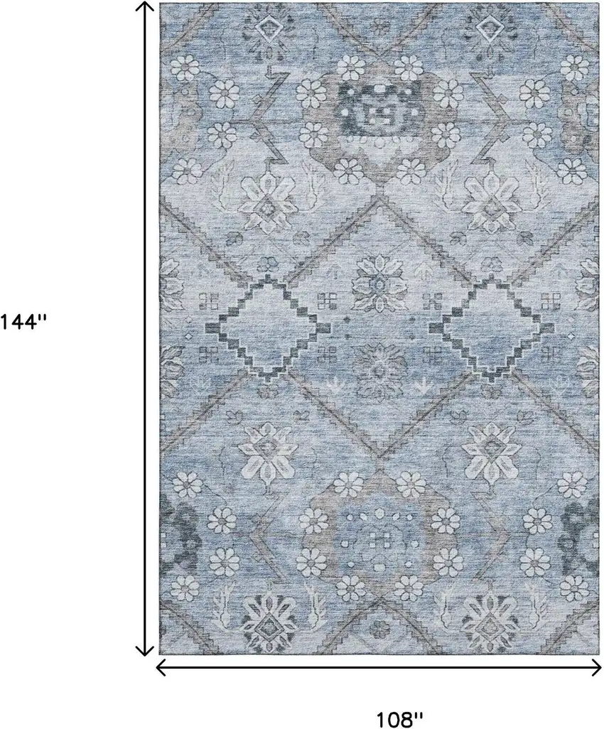 Blue And Gray Floral Washable Area Rug With UV Protection Photo 3
