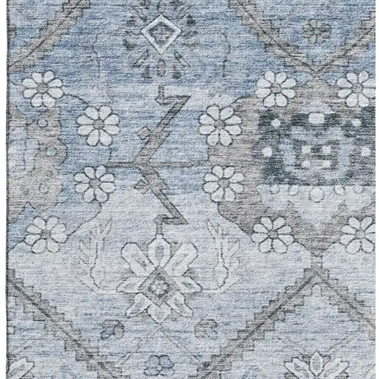 Blue And Gray Floral Washable Area Rug With UV Protection Photo 4