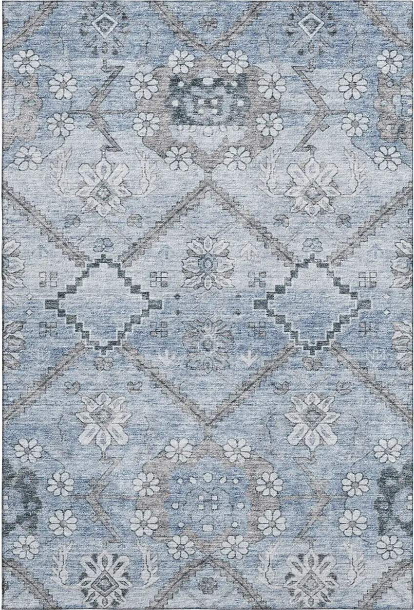Blue And Gray Floral Washable Area Rug With UV Protection Photo 1