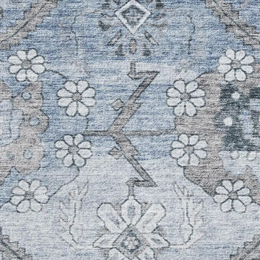 Blue And Gray Floral Washable Area Rug With UV Protection Photo 3