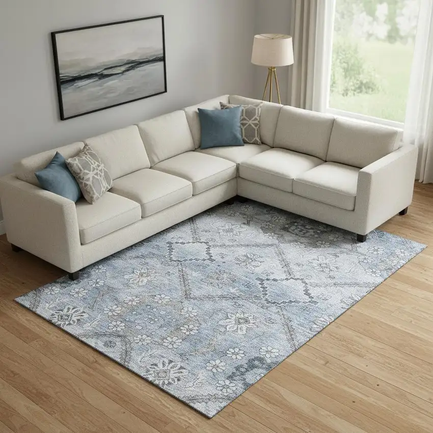 Blue And Gray Floral Washable Area Rug With UV Protection Photo 1