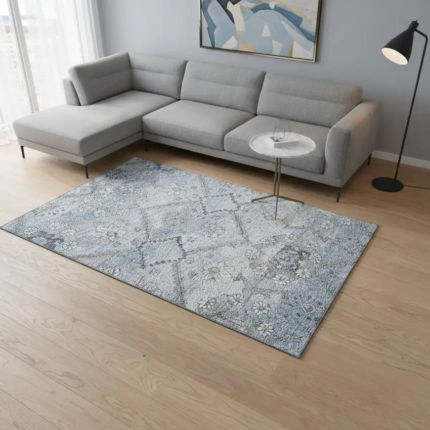 Blue And Gray Floral Washable Area Rug With UV Protection Photo 2
