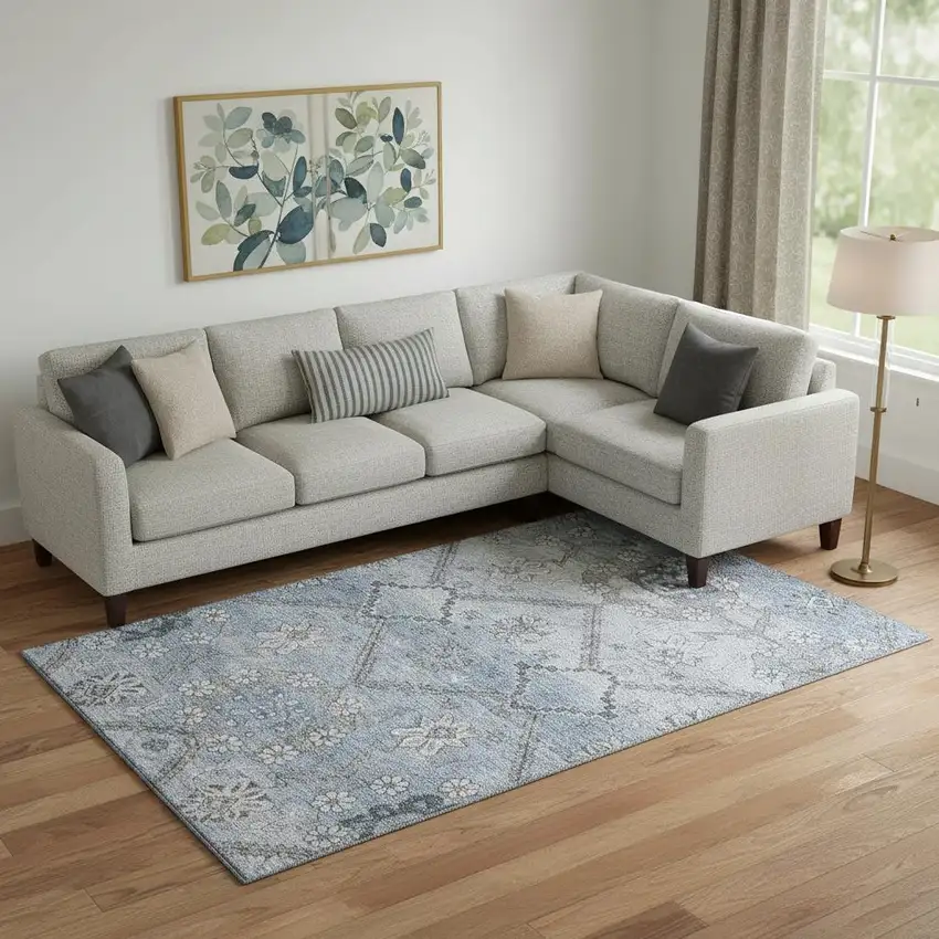 Blue And Gray Floral Washable Area Rug With UV Protection Photo 1