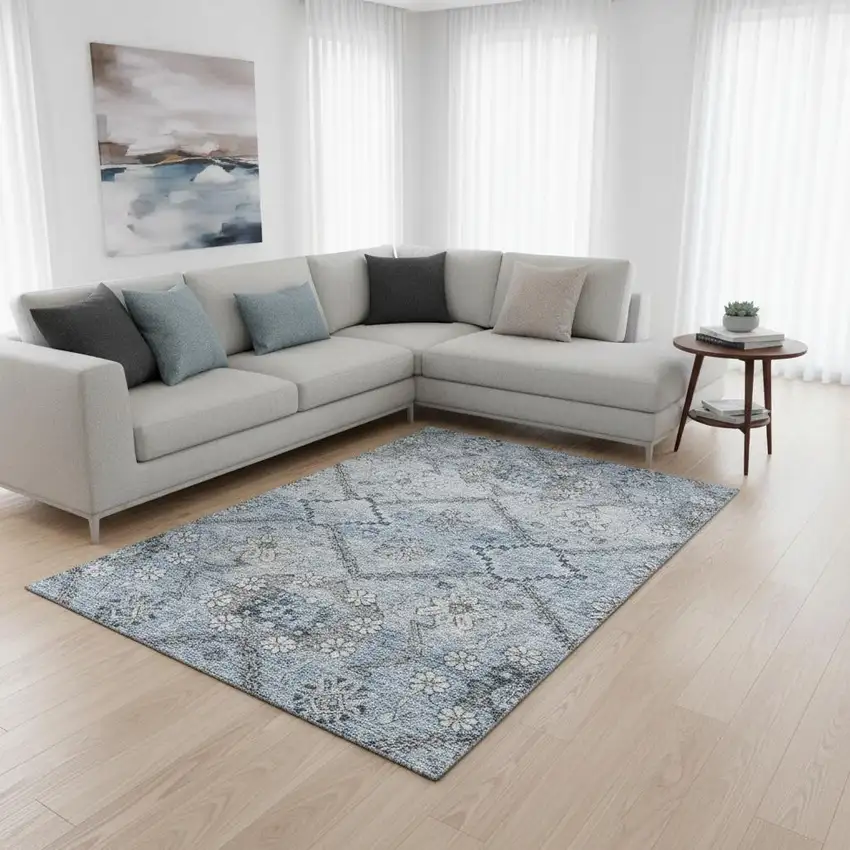 Blue And Gray Floral Washable Area Rug With UV Protection Photo 2