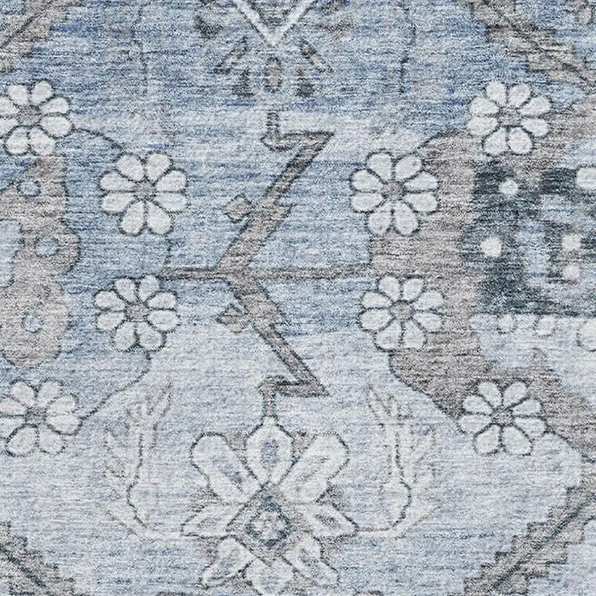 Blue And Gray Floral Washable Area Rug With UV Protection Photo 3