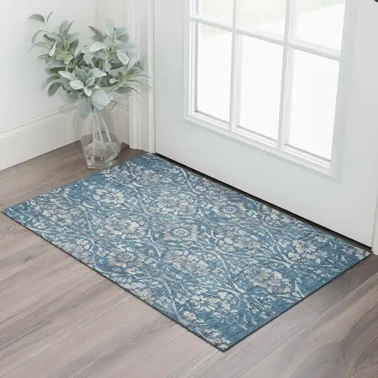 Blue And Gray Floral Washable Area Rug With UV Protection Photo 1
