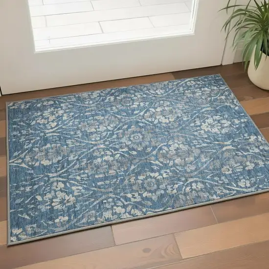 Blue And Gray Floral Washable Area Rug With UV Protection Photo 2