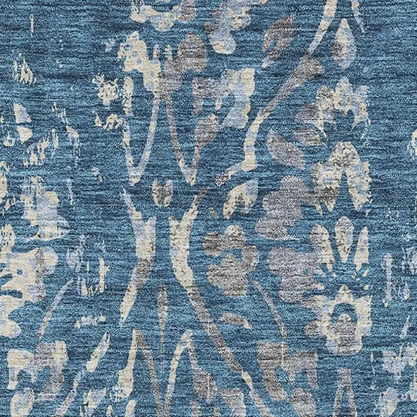 Blue And Gray Floral Washable Area Rug With UV Protection Photo 3