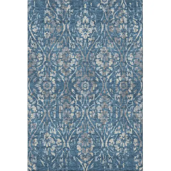 Blue And Gray Floral Washable Area Rug With UV Protection Photo 4