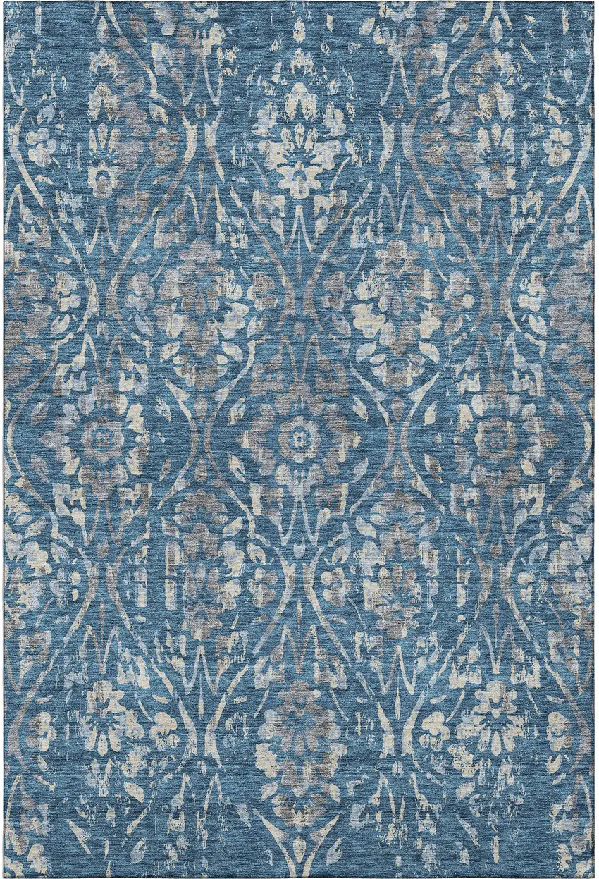 Blue And Gray Floral Washable Area Rug With UV Protection Photo 4