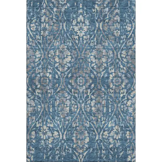 Blue And Gray Floral Washable Area Rug With UV Protection Photo 1