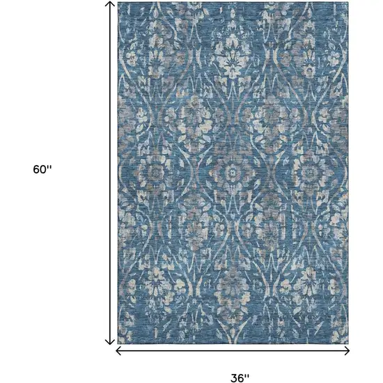 Blue And Gray Floral Washable Area Rug With UV Protection Photo 3