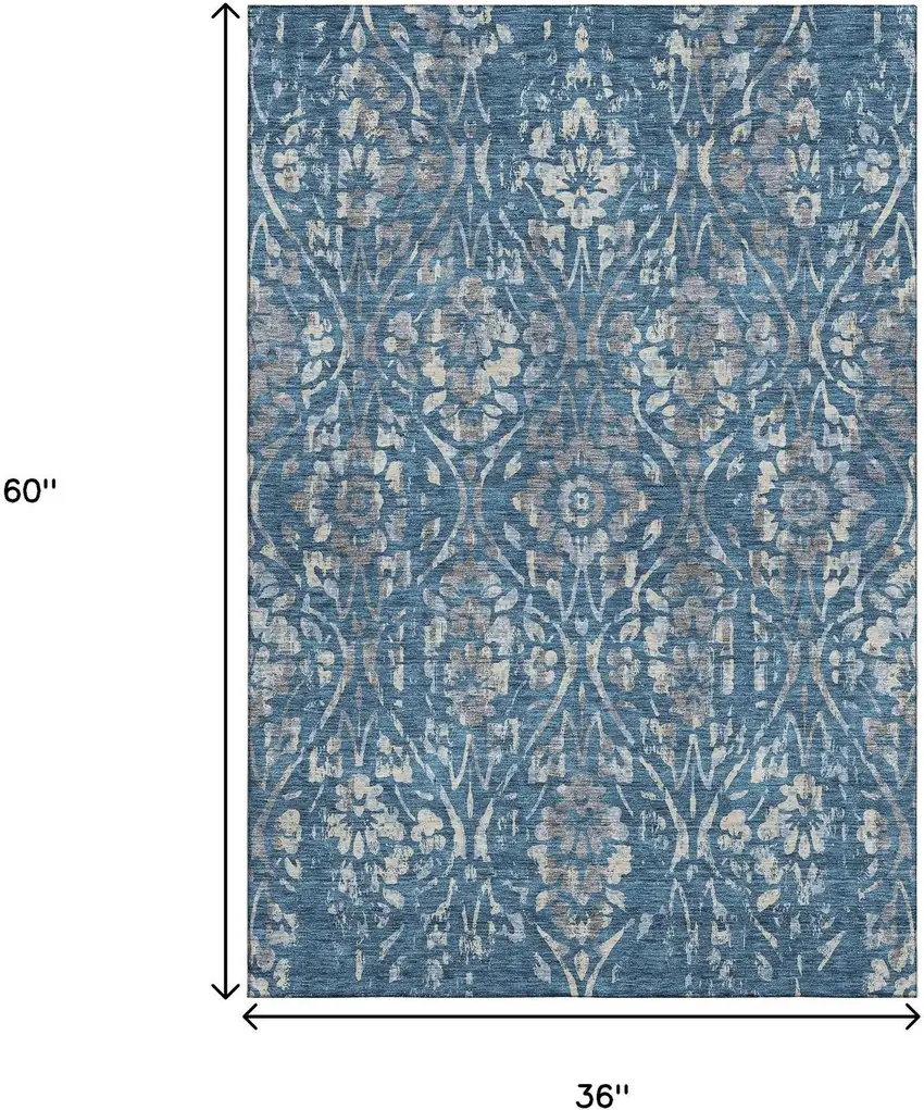 Blue And Gray Floral Washable Area Rug With UV Protection Photo 3