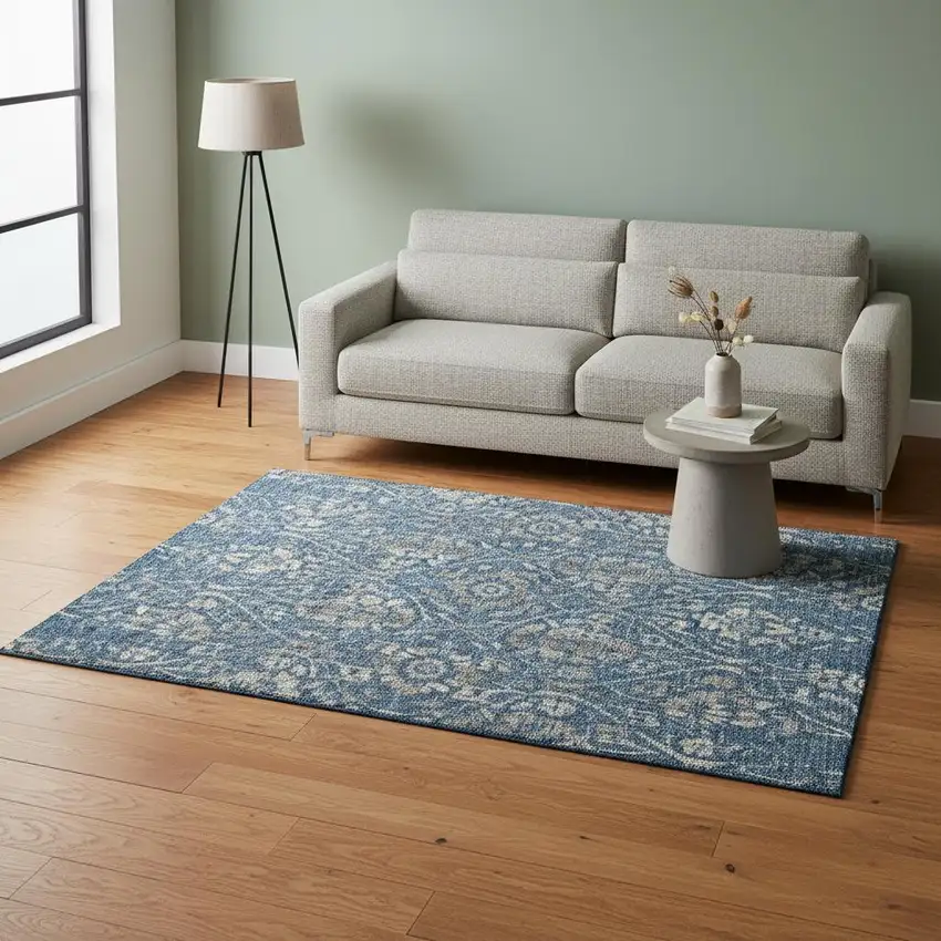 Blue And Gray Floral Washable Area Rug With UV Protection Photo 2