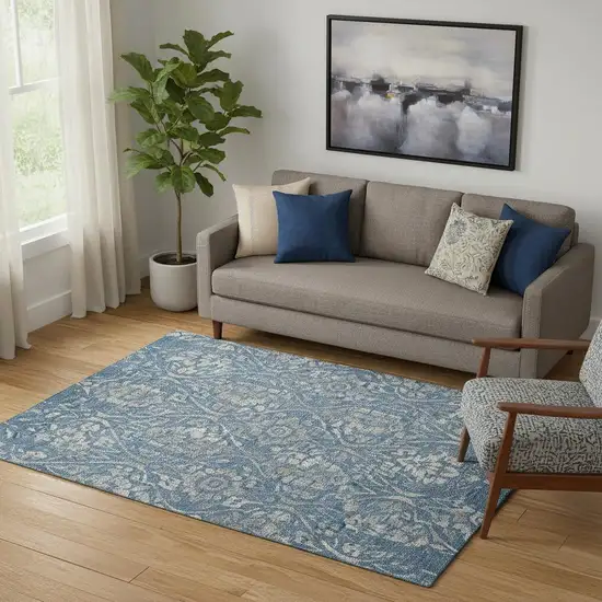 Blue And Gray Floral Washable Area Rug With UV Protection Photo 1