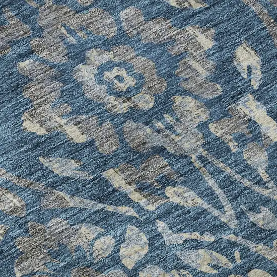 Blue And Gray Floral Washable Area Rug With UV Protection Photo 7