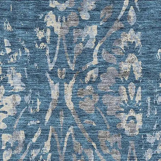 Blue And Gray Floral Washable Area Rug With UV Protection Photo 3