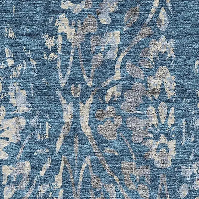 Blue And Gray Floral Washable Area Rug With UV Protection Photo 3