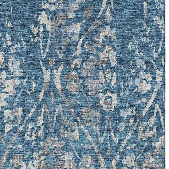 Blue And Gray Floral Washable Area Rug With UV Protection Photo 4