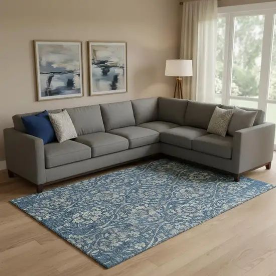 Blue And Gray Floral Washable Area Rug With UV Protection Photo 1