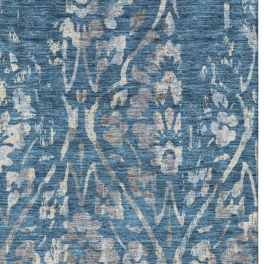 Blue And Gray Floral Washable Area Rug With UV Protection Photo 4