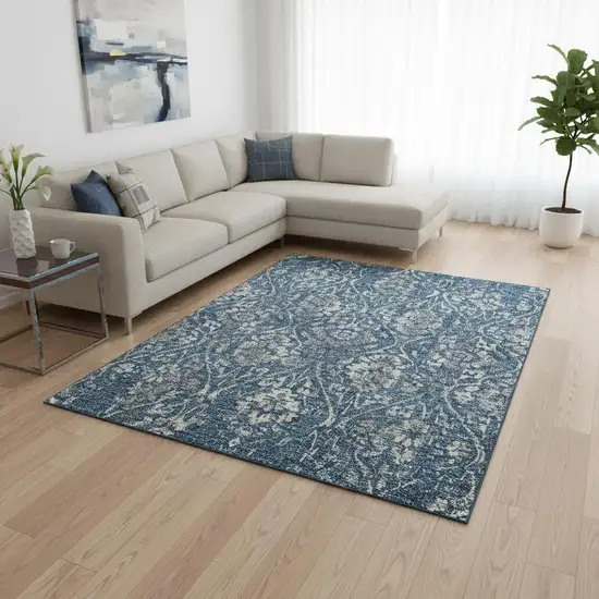 Blue And Gray Floral Washable Area Rug With UV Protection Photo 2