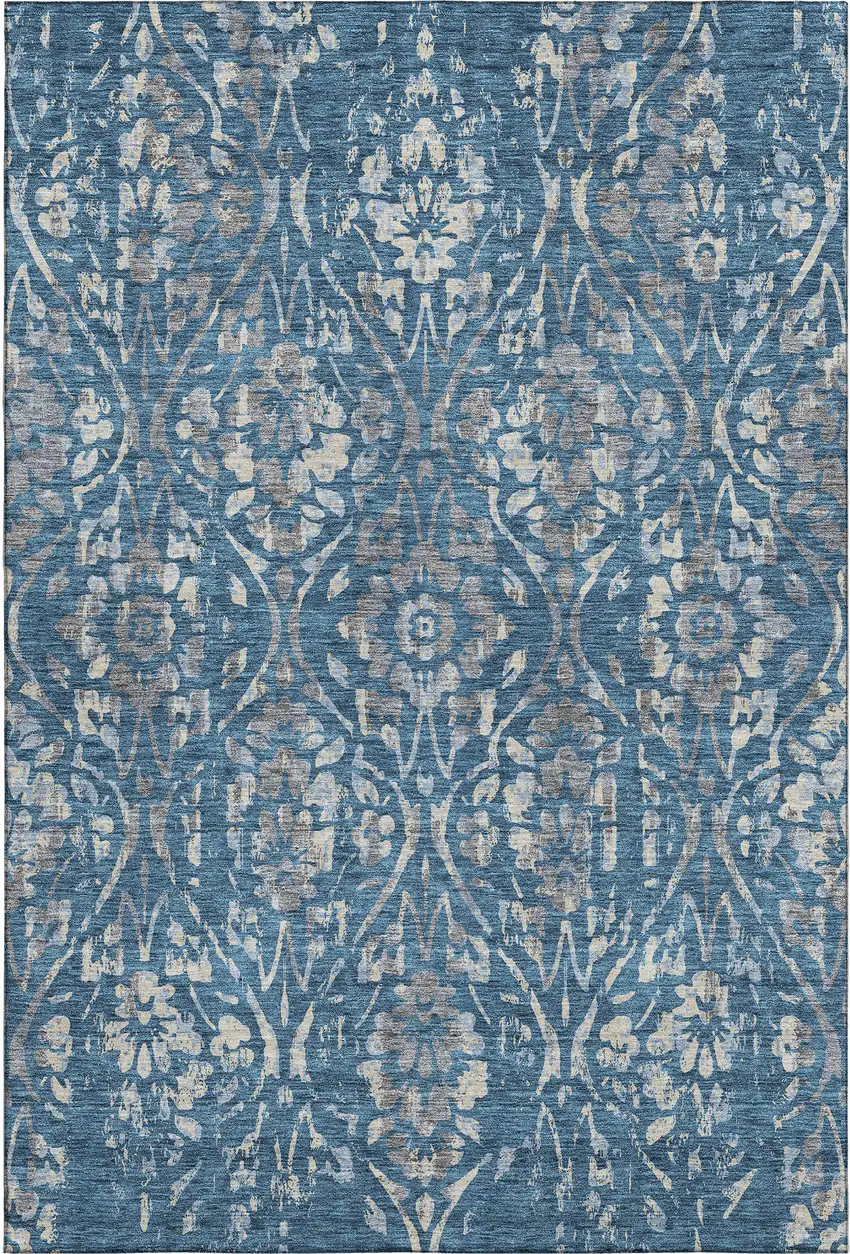 Blue And Gray Floral Washable Area Rug With UV Protection Photo 1
