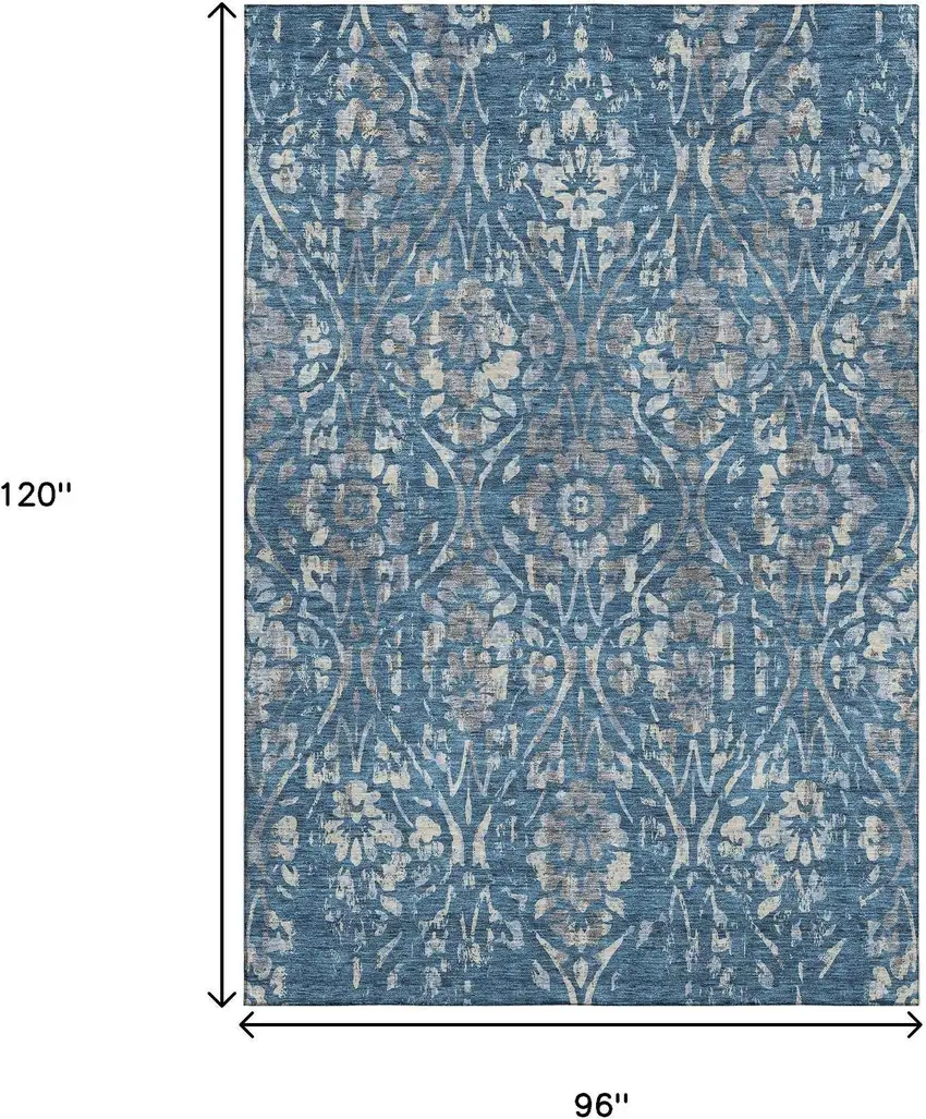 Blue And Gray Floral Washable Area Rug With UV Protection Photo 8