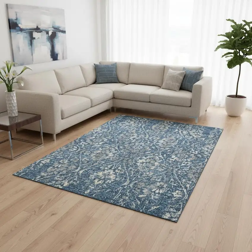 Blue And Gray Floral Washable Area Rug With UV Protection Photo 2