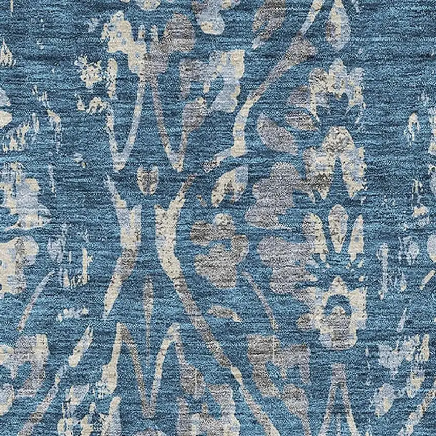 Blue And Gray Floral Washable Area Rug With UV Protection Photo 3