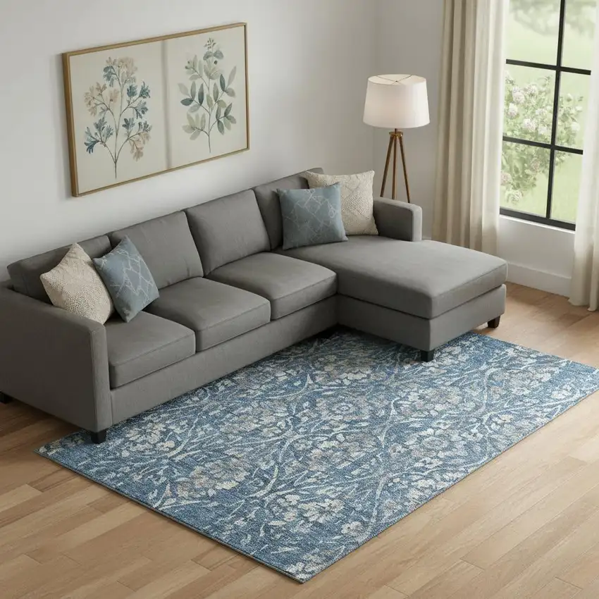 Blue And Gray Floral Washable Area Rug With UV Protection Photo 1