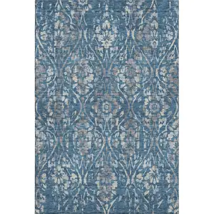 Photo of Blue And Gray Floral Washable Area Rug With UV Protection