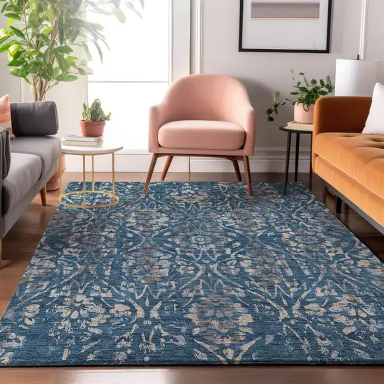 Blue And Gray Floral Washable Area Rug With UV Protection Photo 4