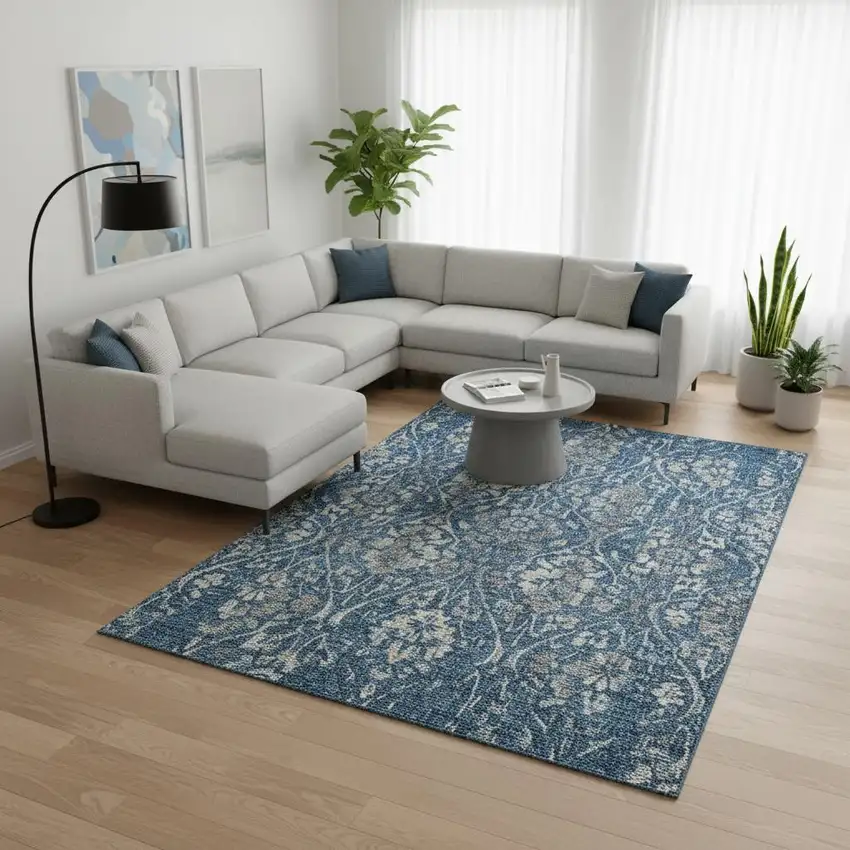 Blue And Gray Floral Washable Area Rug With UV Protection Photo 2