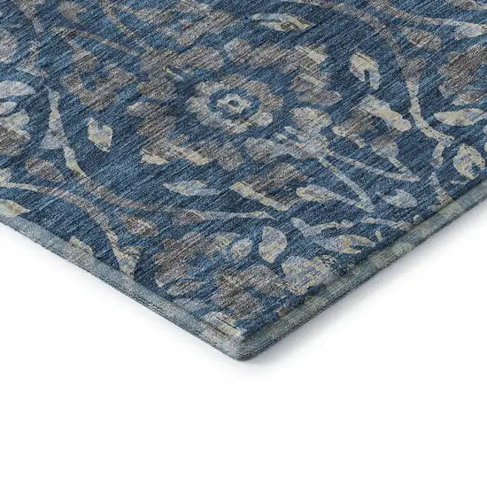 Blue And Gray Floral Washable Area Rug With UV Protection Photo 7
